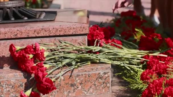 Gente poniendo flores rojas clavel en escalones de granito por monumento a la llama eterna . — Vídeo de stock
