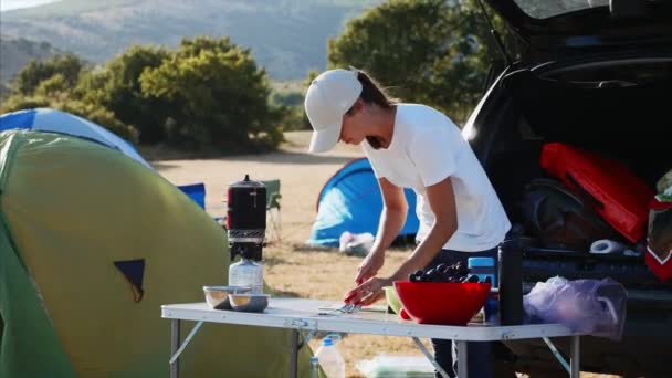 Genç kadın kamp bir turist çadırı yakınında masaya domates dilimleme. — Stok video