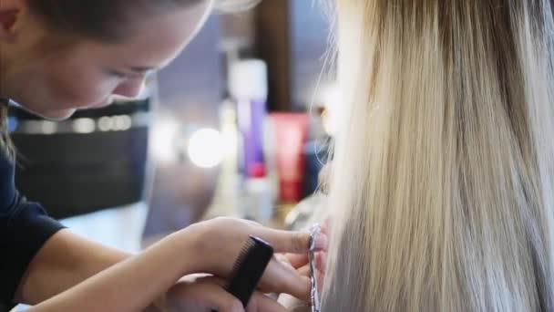 Een kapper is het snijden van haar in de schoonheidssalon. — Stockvideo