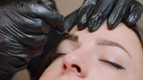 Le maître ajoute quelques gouttes du pigment brun sur les sourcils des clients . — Video