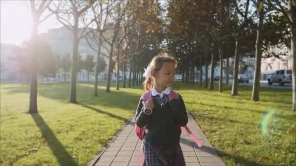 Young girl in school uniform is walking in the park at sunny weather, steadicam. — Stock Video