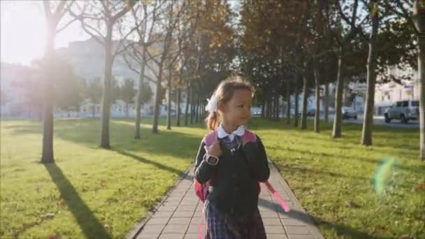 Jong meisje in school uniform is wandelen in het park bij zonnig weer, Steadicam. — Stockvideo