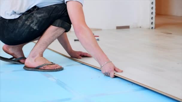 Ein Arbeiter setzt Laminatplatten im Raum zusammen, der Prozess des Bodenbelags. — Stockvideo