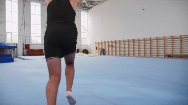 En Sportsman gör en kärrhjulsluster och en dubbel back flip och landar, Steadicam. — Stockvideo