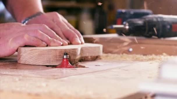 A carpenter is chamfers an edge from a compartmental dish on milling cutter — Stock Video