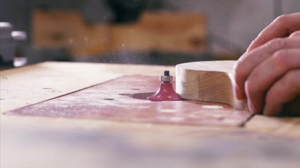Um carpinteiro é chamfers uma borda de um prato compartimental no cortador de moagem — Vídeo de Stock