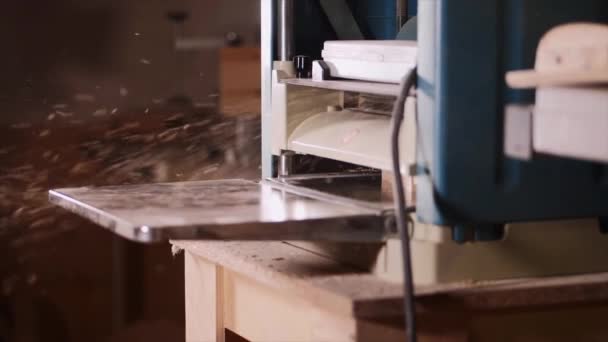 Tischler arbeitet in Holzwerkstatt mit Hobelmaschine — Stockvideo