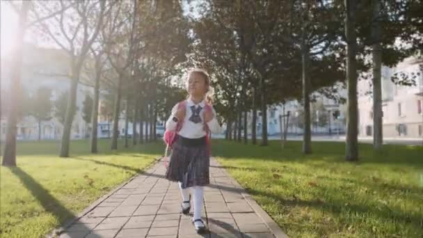 Giovane ragazza in uniforme scolastica sta camminando nel parco con il tempo soleggiato, steadicam . — Video Stock