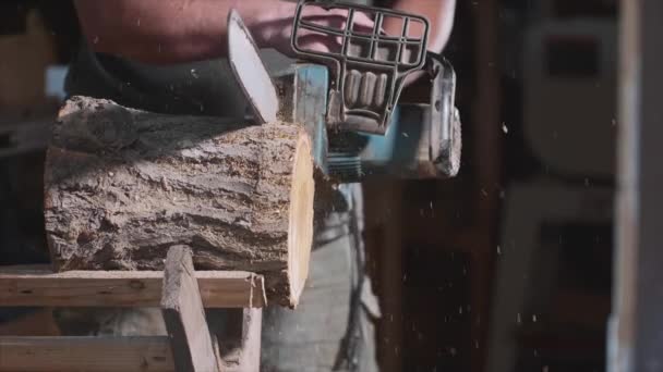 De mens zaagt een hout met een elektrische kettingzaag bij timmerwerk, slow motion — Stockvideo