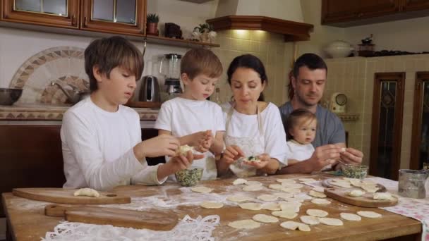 Дети с родителями готовят пельмени на домашней кухне — стоковое видео