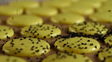 Siyah susam, sarı kurabiyelerin üzerine damlıyor, yavaş çekimde yakın çekim.