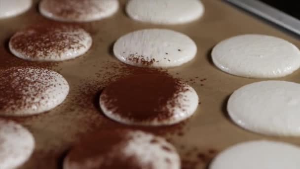 Kakaopulver droppar på de vita kakorna, närbild — Stockvideo
