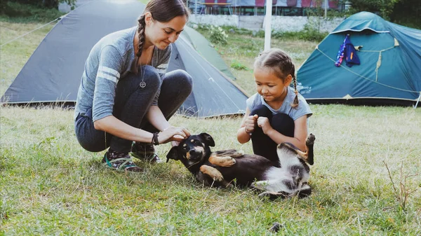 Madre con hija es suavemente acariciando perro mestizo en el camping — Foto de Stock