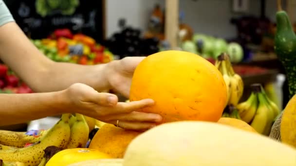 Jonge blanke vrouw kiest een meloen in de supermarkt — Stockvideo