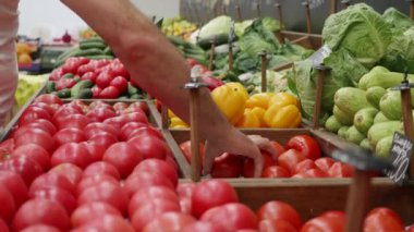 Market işçisinin yakın çekim elleri raflardaki sebzeleri düzenliyor.