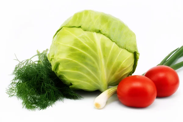 White Background Cabbage Tomatoes Onions Dill — Stock Photo, Image