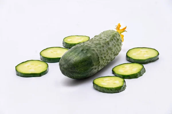 Fresh Tasty Wholesome Cucumber Cut Slices Lie White Background — Stock Photo, Image