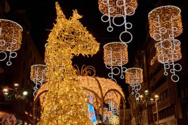 Işıl ışıl bir at heykeli İspanya 'nın Vigo kentindeki ünlü Noel ışıkları sergisinin en önemli parçası olarak öne çıkıyor. Bu göz kamaştırıcı dekorasyon, karmaşık ışık tasarımı ve görkemli şekliyle büyüleyici bir şekilde, neşeli atmosfere sihirli bir dokunuş katıyor..