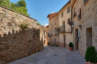 Cobblestone alley of Valderrobres, Teruel, a town that radiates history and charm. Sunlight falls on the ancient stone facades, creating a dynamic play of light and shadow that highlights the texture of the walls and uneven pavement