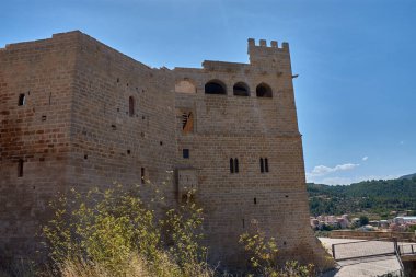 Panoramic view of the village of Valderrobres, Teruel, highlighting its imposing castle and majestic church perched on the hilltop, dominating the cluster of terracotta-roofed houses. Under a bright blue sky