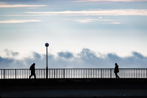 Bir grup içinde bir nehir üzerinde bir köprü üzerinde siluet duran insan. Siyah ve beyaz.