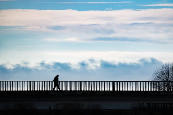 Bir grup içinde bir nehir üzerinde bir köprü üzerinde siluet duran insan. Siyah ve beyaz.