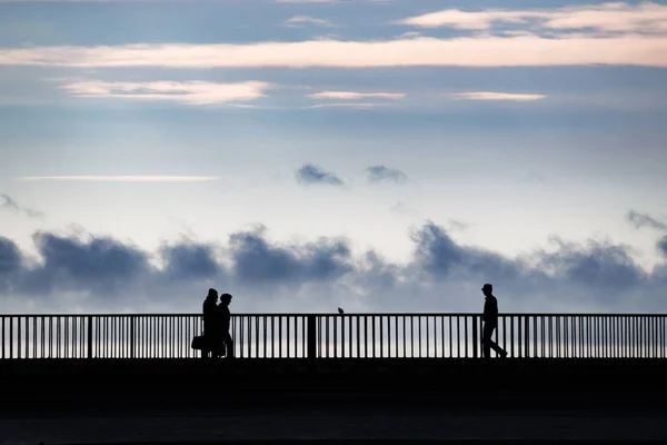 Group People Silhouette Standing Bridge River Black White — Stock Photo, Image