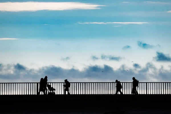 Bir grup içinde bir nehir üzerinde bir köprü üzerinde siluet duran insan. Siyah ve beyaz.