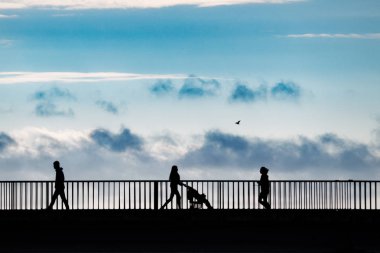 Bir grup içinde bir nehir üzerinde bir köprü üzerinde siluet duran insan. Siyah ve beyaz.