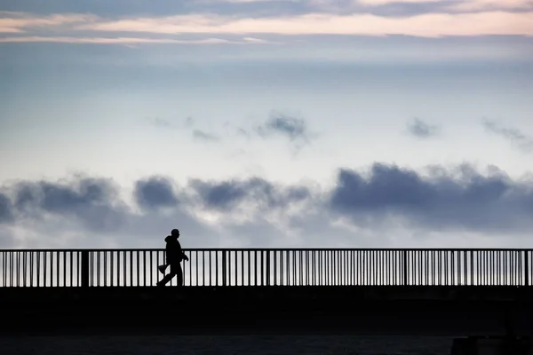 Bir grup içinde bir nehir üzerinde bir köprü üzerinde siluet duran insan. Siyah ve beyaz.