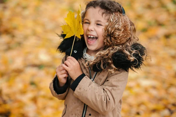 Mignonne Petite Fille Tenant Feuille Érable Dans Parc Automne — Photo