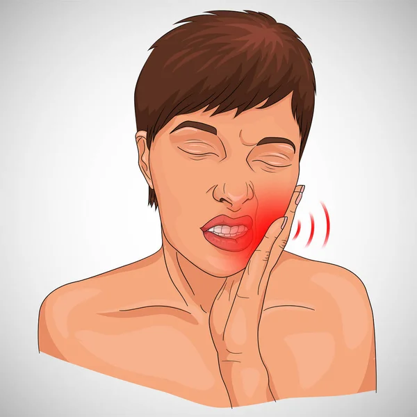Darstellung Von Zahnschmerzen Auf Einem Frauengesicht Mit Roter Bezeichnung Auf — Stockvektor
