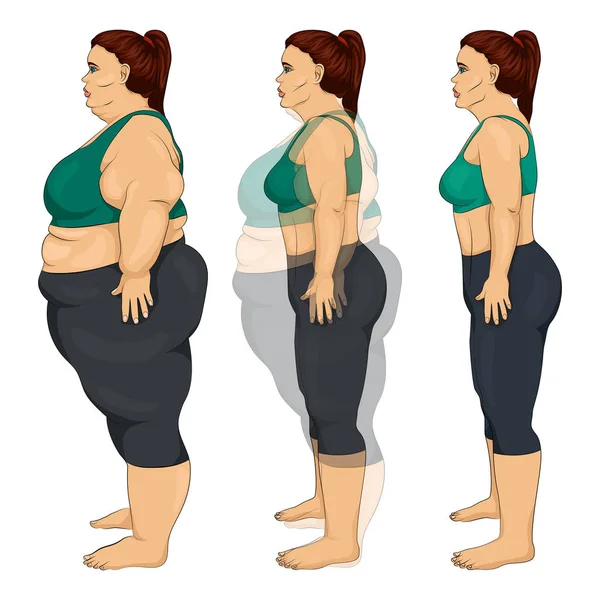 Ілюстрація Процесу Схуднення Жінки Після Тренування Дієти Або Хірургії — стоковий вектор