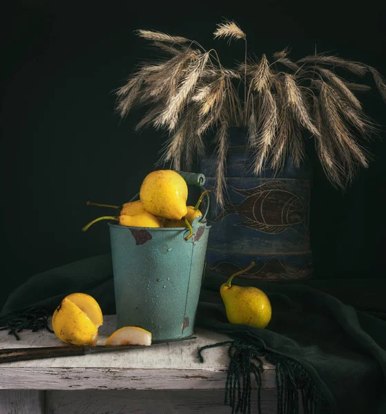 Still Life Pears Spikelets Wheat Vintage Retro — Stock Photo, Image