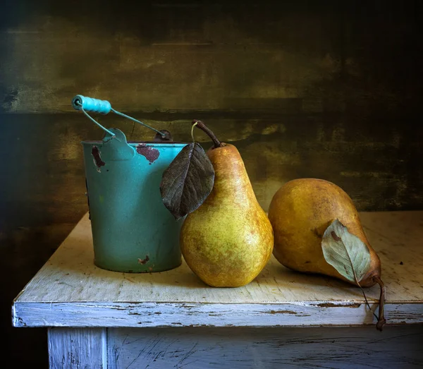 Still Life Pears Bucket Fruits Food — Stock Photo, Image