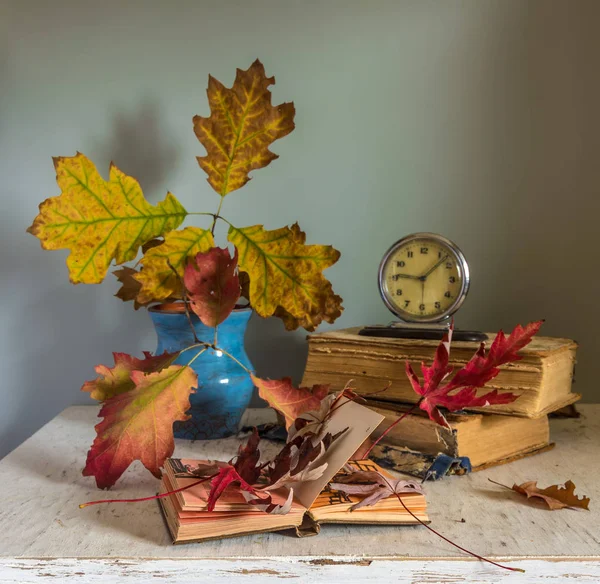 Still Life Books Autumn Leaves Vintage Autumn Colors Melancholy — Stock Photo, Image