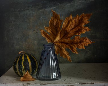 Kabak ve sonbahar yaprak ile natürmort. Akçaağaç yaprağı. Vintage. Retro.