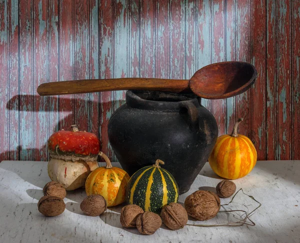 Nature Morte Rustique Nourriture Citrouille Les Noix Vintage Rétro — Photo