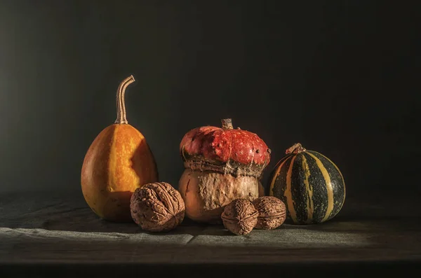 Nature Morte Avec Des Noix Citrouille Des Plats Vintage Rétro — Photo