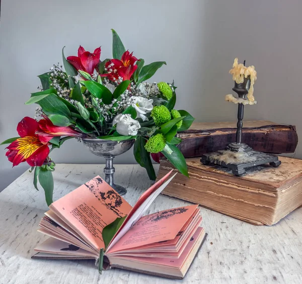 Still Life Book Bouquet Flowers Candles Vintage — Stock Photo, Image