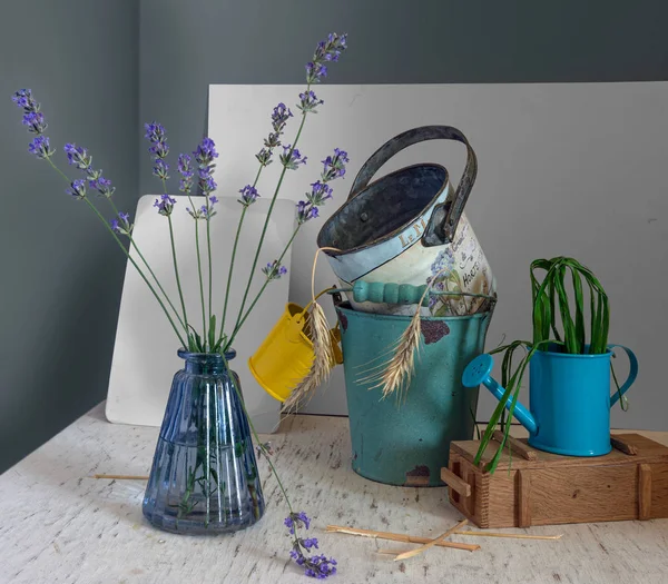 still life with lavender, watering can and small buckets.