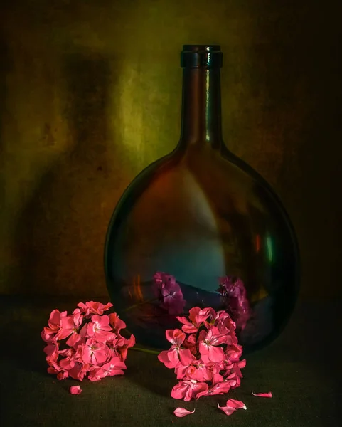 Ainda Vida Com Flores Gerânio Uma Grande Garrafa Vindima — Fotografia de Stock