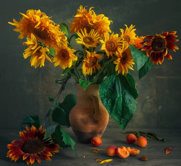 Still life with a flower of a sunflower and apricots. Beautiful bouquet of sunflowers. Ripe and tasty apricots. Vintage. Retro.