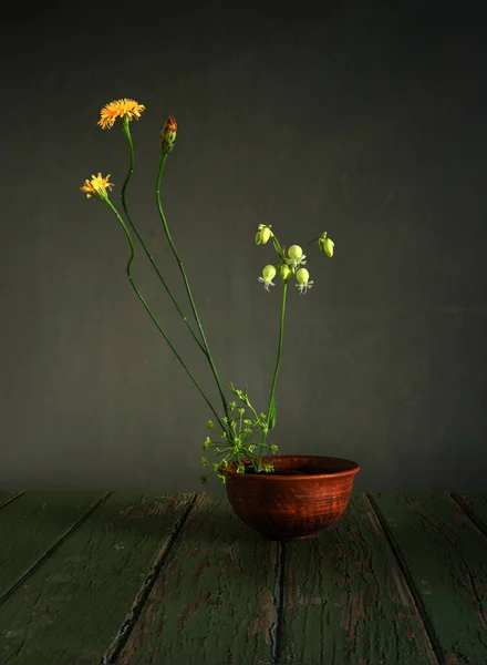 Blumenschmuck Mit Einer Mindestanzahl Pflanzen Ikebana Minimalismus — Stockfoto