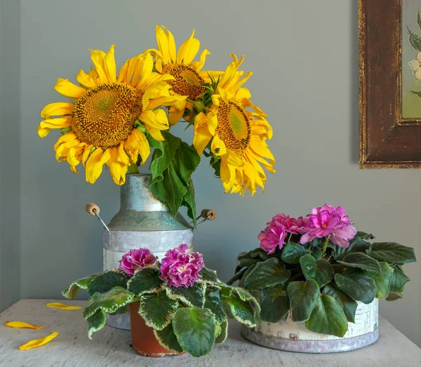 Stillleben Mit Einem Strauß Schöner Sonnenblumen Und Blühender Veilchen Vintage — Stockfoto