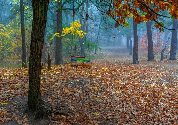 Bir sonbahar parkının arka planında unutulmuş çocuk salıncağı