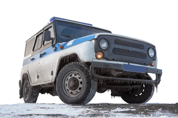 Schmutzige Polizisten Geländewagen Auf Dem Boden Isoliert — Stockfoto