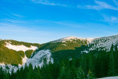 Karlı tepeleri ve yeşil ormanları aydınlatan günbatımı parlaklığı