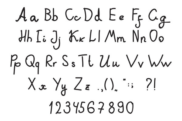 Hand drawn letters, alphabet, punctuation marks, numerals isolated on white background. Vector Illustration