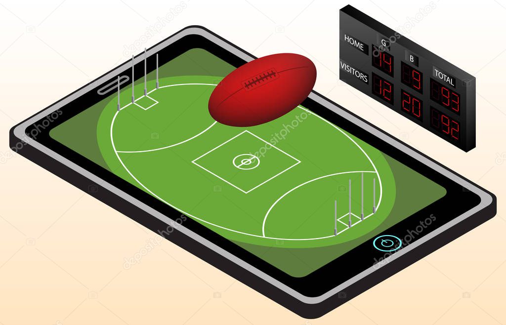 Australian football infographic playground, ball, and scoreboard. Isometric image. Isolated. In vector